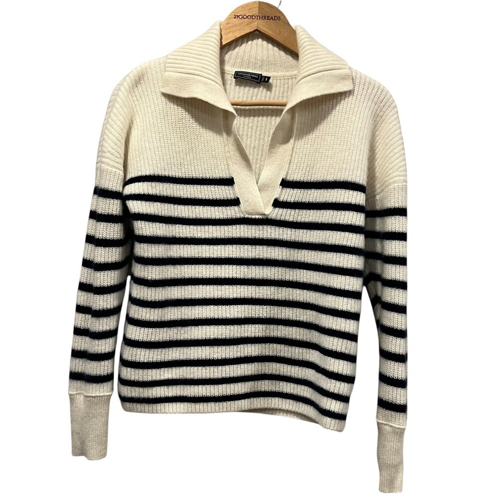 Vineyard Vines Cashmere Striped Polo Sweater, Cream Navy, S